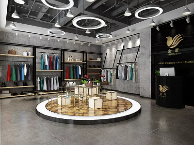 Modern Clothing Store Interior With Round Display Platform Hanging Clothes And Circular Ceiling Lights 3d model