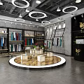 Modern Clothing Store Interior With Round Display Platform Hanging Clothes And Circular Ceiling Lights 3d model
