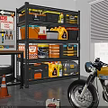 Organized Garage Workshop With Storage Shelves Tools Oil Cans And Motorcycle