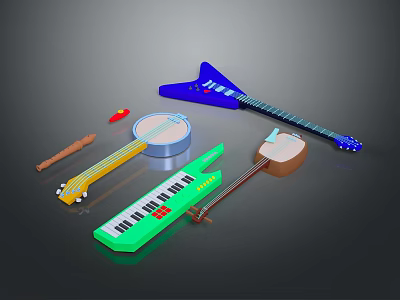Various Types of Colorful Electronic Musical Instruments Including Electric Guitar Keyboard And Modern Design 3d model