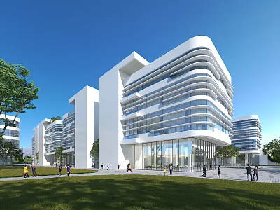 Modern Office Building With White Exterior Glass Curtain Walls Green Lawn And Trees 3d model