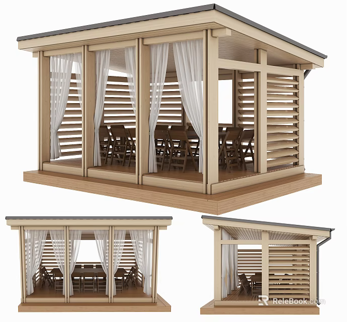 Wooden Outdoor Gazebo With White Curtains Slatted Shutters Dining Table And Chairs 3d model 
