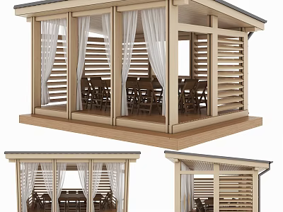 Wooden Outdoor Gazebo With White Curtains Slatted Shutters Dining Table And Chairs 3d model