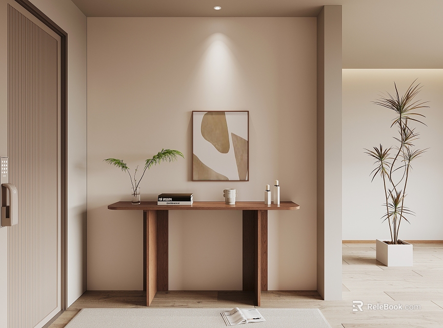 Modern Minimalist Console Table with Wall Art Potted Plants Books and Neutral Decor 3d model 