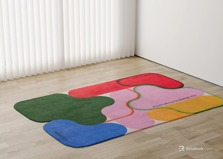 Colorful Patchwork Square Rug In Room With Wooden Floor 3d model 