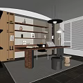 Modern Study Room Interior Design With Wooden Desk Bookshelves And Lighting Elements 3d model