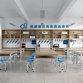 School AI Computer Room Interior With Blue Decor And Desks 3d model