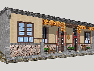 Traditional Chinese Folk House Exterior Featuring Brick Walls Wooden Doors And Corn String Decorations 3d model