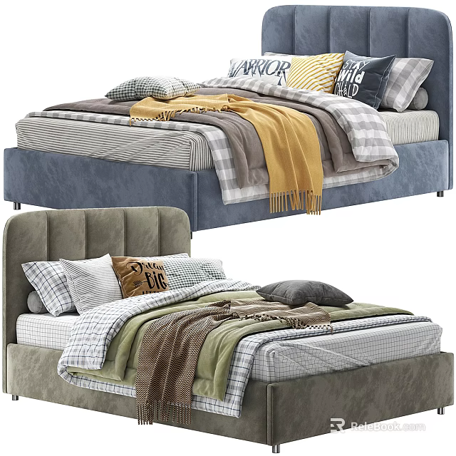 Cozy Children's Bed With Upholstered Headboard Colorful Quilts Pillows And Soft Blankets 3d model 