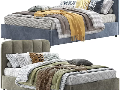 Cozy Children's Bed With Upholstered Headboard Colorful Quilts Pillows And Soft Blankets 3d model