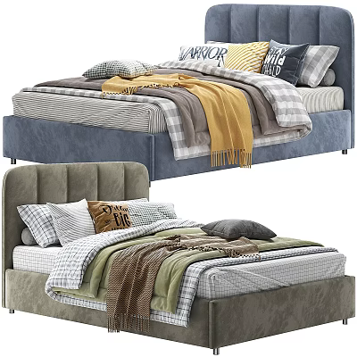 Cozy Children's Bed With Upholstered Headboard Colorful Quilts Pillows And Soft Blankets 3d model