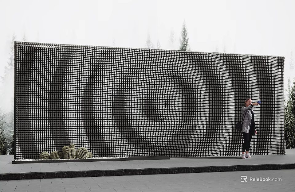 Modern Feature Wall With Spiral Perforated Pattern And Green Plants Near Person Standing 3d model 
