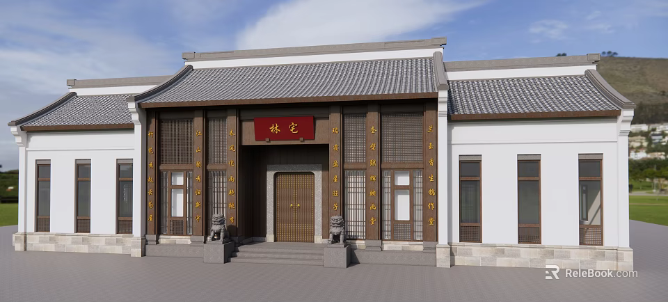 Traditional Chinese Detached Villa With Red Plaque Stone Lions And Wooden Structure 3d model 