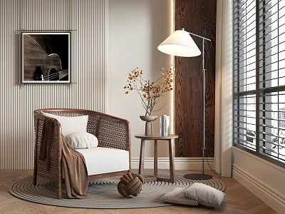 Rattan Armchair With Throw Blanket Pillows Side Table Floor Lamp And Framed Artwork By Window 3d model
