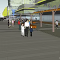 Modern Commercial Street With High Rise Buildings Pedestrians Green Trees And Skywalk