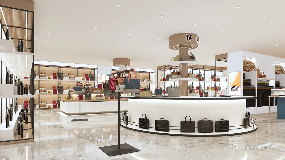 Elegant Modern Bag Boutique Interior With Island Display Counter And Shelves Holding Various Bags 3d model 