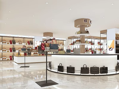 Elegant Modern Bag Boutique Interior With Island Display Counter And Shelves Holding Various Bags 3d model