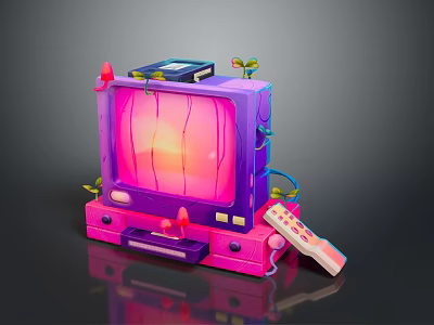 Retro Computer Monitor In Purple Pink With Top Console Small Plants And Remote Control 3d model