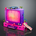 Retro Computer Monitor In Purple Pink With Top Console Small Plants And Remote Control