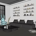 Modern Living Room Interior With Black Leather Sofa Wall Mounted Shelves And Blue Accent Chair