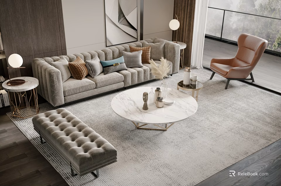 Modern Elegant Sofa Coffee Table Set With Velvet Ottoman Accent Chair And Decorative Items On Neutral Rug 3d model 