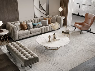 Modern Elegant Sofa Coffee Table Set With Velvet Ottoman Accent Chair And Decorative Items On Neutral Rug 3d model