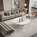 Modern Elegant Sofa Coffee Table Set With Velvet Ottoman Accent Chair And Decorative Items On Neutral Rug