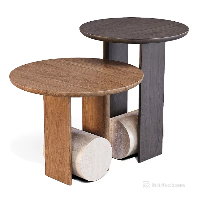 Two Modern Side Tables with Round Wooden Tops and Cylindrical Supports in Light Dark Wood 3d model 