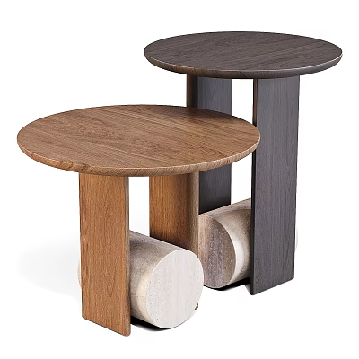 Two Modern Side Tables with Round Wooden Tops and Cylindrical Supports in Light Dark Wood 3d model