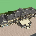 Chinese Style Hotel Building with Traditional Roof Design and Front Lawn Under Blue Sky