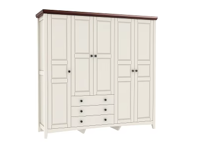 White Classic Wardrobe With Dark Brown Wooden Top Multiple Doors And Bottom Drawers 3d model