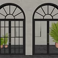 Double Doors With Arched Top Black Frame Lattice And Frosted Glass Gray Wall Marble Floor