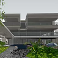 Modern Detached Villa Exterior Featuring Large Glass Windows Balconies And Lush Greenery