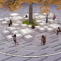 Outdoor Chairs Under Big Tree With Yellow Leaves In Circular Public Area For People Resting