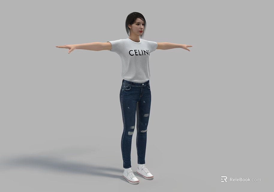 A Woman In White CELINE T shirt Blue Ripped Jeans And White Sneakers With Arms Stretched 3d model 
