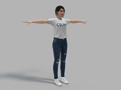 A Woman In White CELINE T shirt Blue Ripped Jeans And White Sneakers With Arms Stretched 3d model