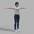 A Woman In White CELINE T shirt Blue Ripped Jeans And White Sneakers With Arms Stretched