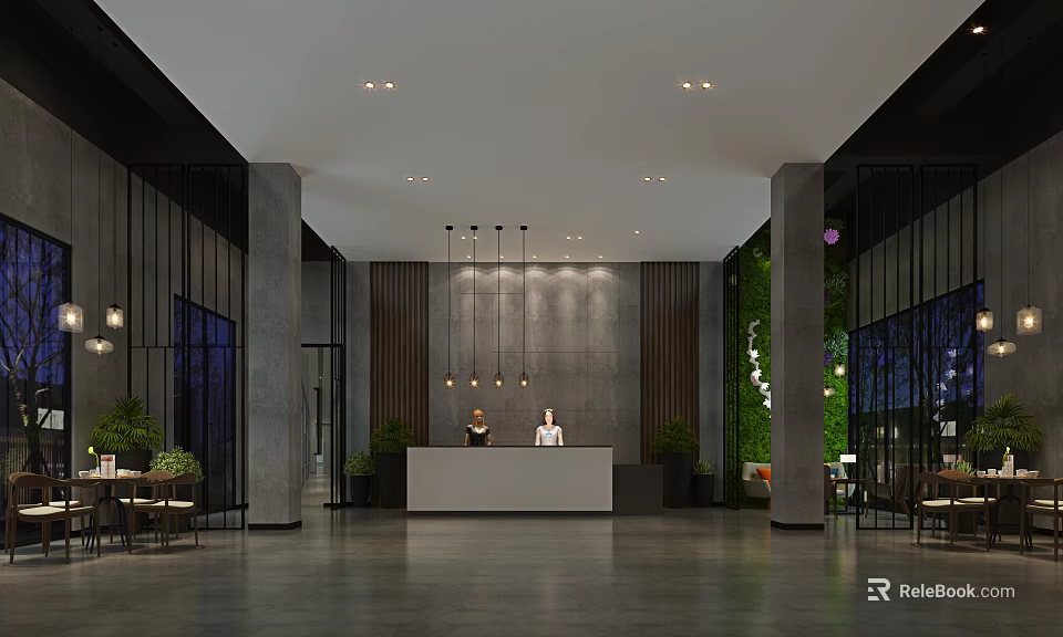 Modern Hotel Lobby Interior Design With Reception Desk Hanging Chandeliers Columns And Green Plants 3d model 