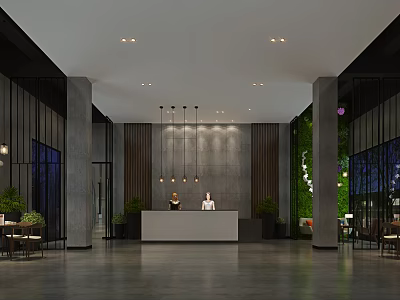 Modern Hotel Lobby Interior Design With Reception Desk Hanging Chandeliers Columns And Green Plants 3d model