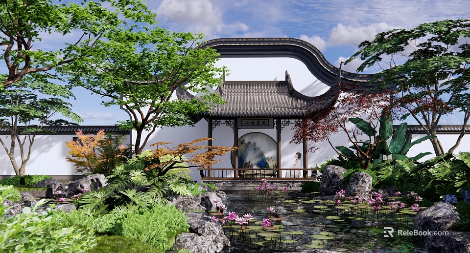 Rockery Stones In Traditional Chinese Garden With Pond Lotus Flowers And Pavilion 3d model 
