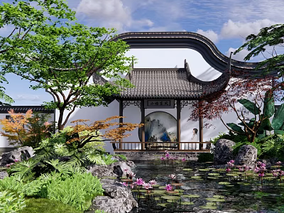 Rockery Stones In Traditional Chinese Garden With Pond Lotus Flowers And Pavilion 3d model