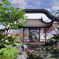 Rockery Stones In Traditional Chinese Garden With Pond Lotus Flowers And Pavilion