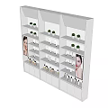 White Multi Tiered Display Shelves With Cosmetic Products And Advertising Panels