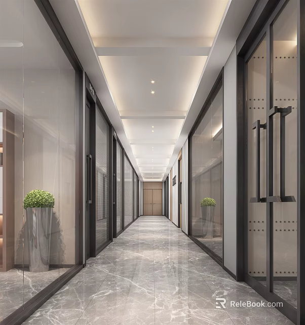 Modern Office Corridor Interior With Glass Doors Marble Floor Green Plants And Ceiling Lighting 3d model 