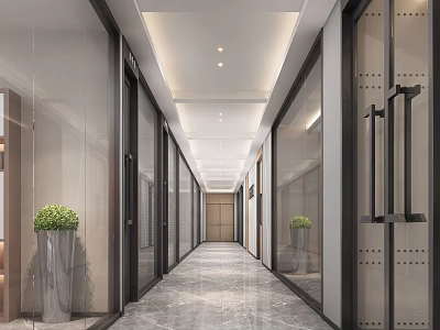 Modern Office Corridor Interior With Glass Doors Marble Floor Green Plants And Ceiling Lighting 3d model