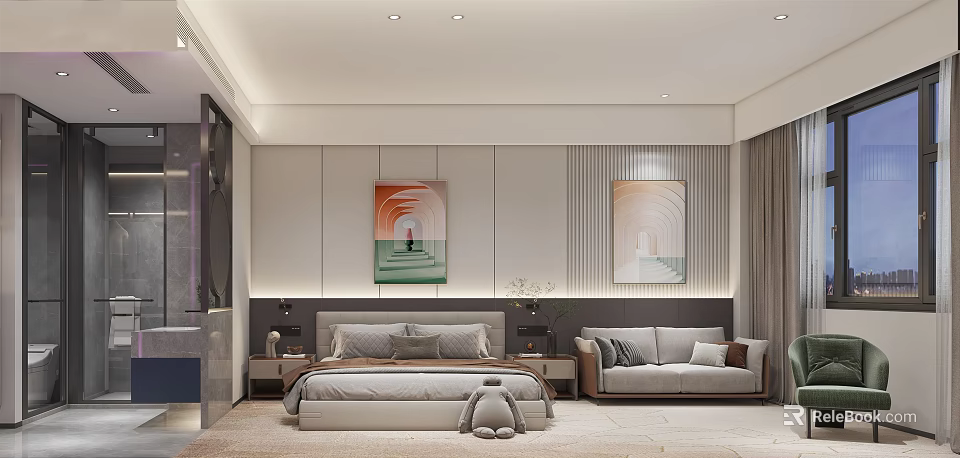 Modern Hotel Guest Room Interior With Bed Sofa Nightstands Wall Artworks Carpet And Soft Lighting 3d model 