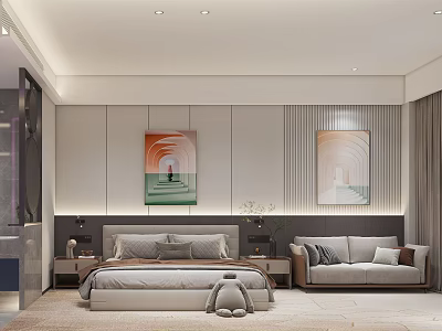 Modern Hotel Guest Room Interior With Bed Sofa Nightstands Wall Artworks Carpet And Soft Lighting 3d model