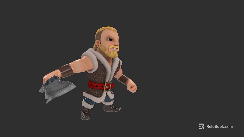 Cartoon Style Viking Man Wearing Leather Armor With Red Belt And Axe 3d model 