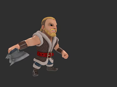 Cartoon Style Viking Man Wearing Leather Armor With Red Belt And Axe 3d model