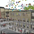 Vibrant Commercial Street With Multi Story Buildings Central Palm Tree Crowded People And Colorful Balloons
